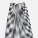 Wide waistband pants with slanted inset pockets - black gingham