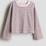 Long-sleeved cotton jersey top - light pink striped